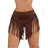 OYOANGLE Women's Beaded Fringe Trim Mini Skirt Suede Low Waist Flared Cowgirl Short Skirts