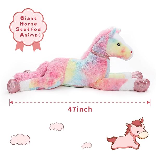 TEZITUOR 47 INCH LARGE HORSE STUFFED ANIMAL TOY, 4FT TIE-DYE PINK HORSE PONY PLUSH TOY, HUGGING SOFT HORSE PLUSH PILLOW FOR KIDS ADULT