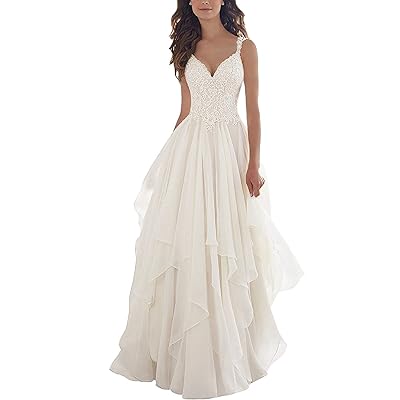 Kevins Bridal Lace V Neck Wedding Dress Illusion Chiffon Beach Wedding Gown Straps