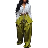 DINGANG High Waisted Wide Leg Cargo Pants Women Flowy Casual Pants with Zippers Pockets