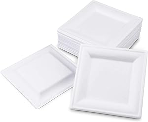 [100 Pack] Square 6" x 6" Biodegradable Bagasse Plates - White Eco Friendly Microwave Safe Sugarcane Compostable 100% Natural and Plastic Free Plate