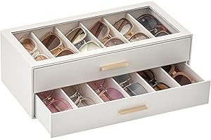 Lolalet Beige Sunglasses Storage Box for Women, Eyewear Eye Glass Organizer with Clear Top Lid Display Holder Case