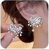 Aneneiceera Vintage Pearl Crystal Cluster Earrings Silver Rhinestone Stud Earrings Tiny Cz Pearl Earrings Wedding Crystal Earrings Jewelry for Women