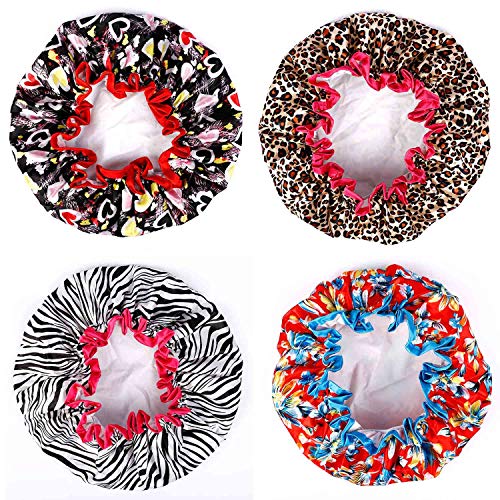Shower Caps, Alimu 4 Pack Women Bath Caps Waterproof Double Layer Print Shower Hat Long Hair Perfect for Women