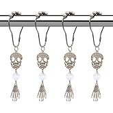 Skull Shower Curtain Rings Hooks for Gothic Bathroom Decor - Rustproof Stainless Steel Shower Curtain Hangers Set of 12 Silver Claw Skull Bathroom Decorative Pendants Set Accessories