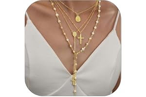 ALRNBY Gold Cross Necklace for Women Long Layered Rosary Neckalces Y Necklace Stack Trendy Boho Crystal Bead Imitation Pearl 