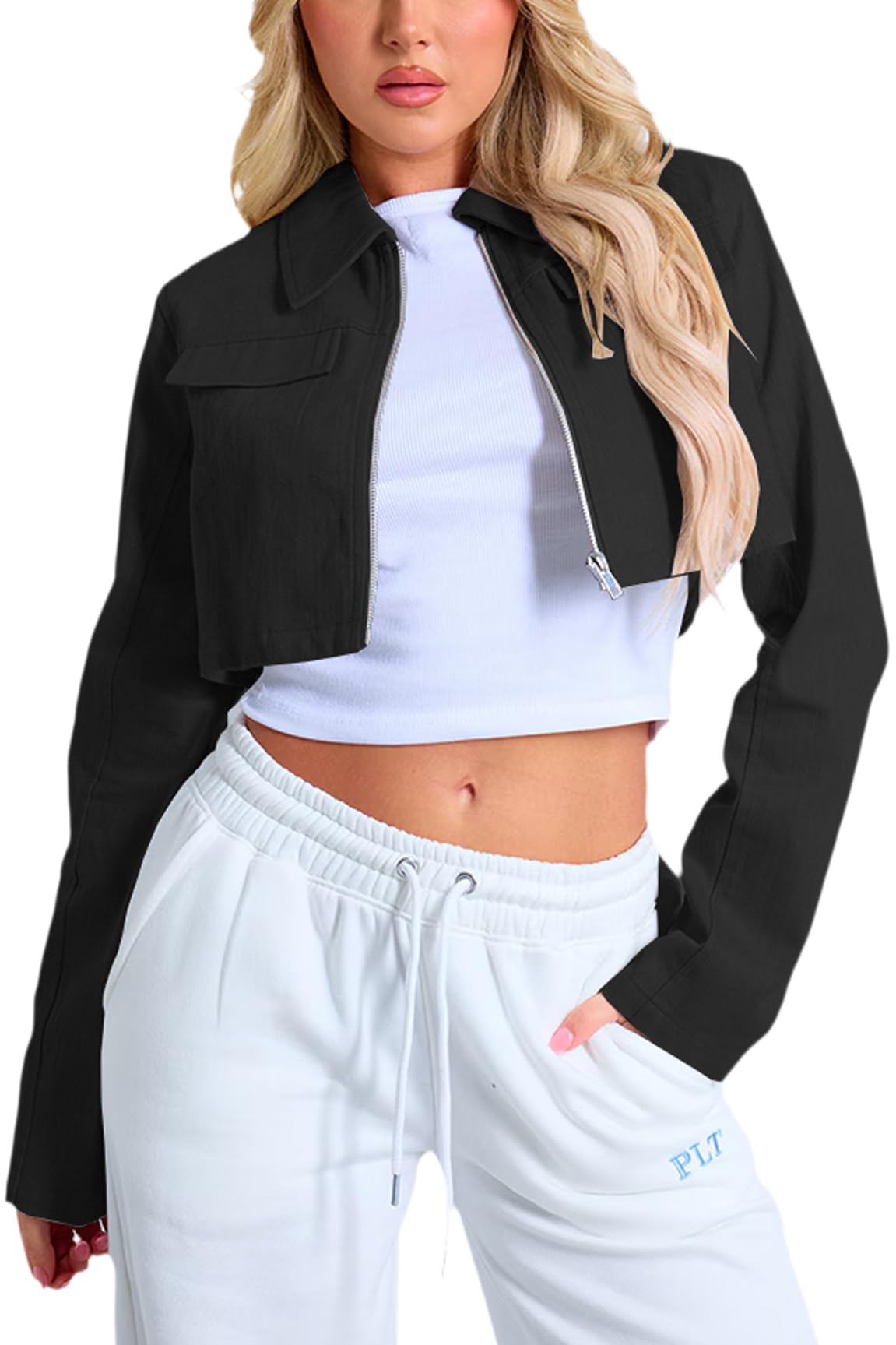 Photo 1 of M. RomMoon Women's Cropped Jacket Casual Zip Up Long Sleeve Lapel Crop Tops Jackets Coat
