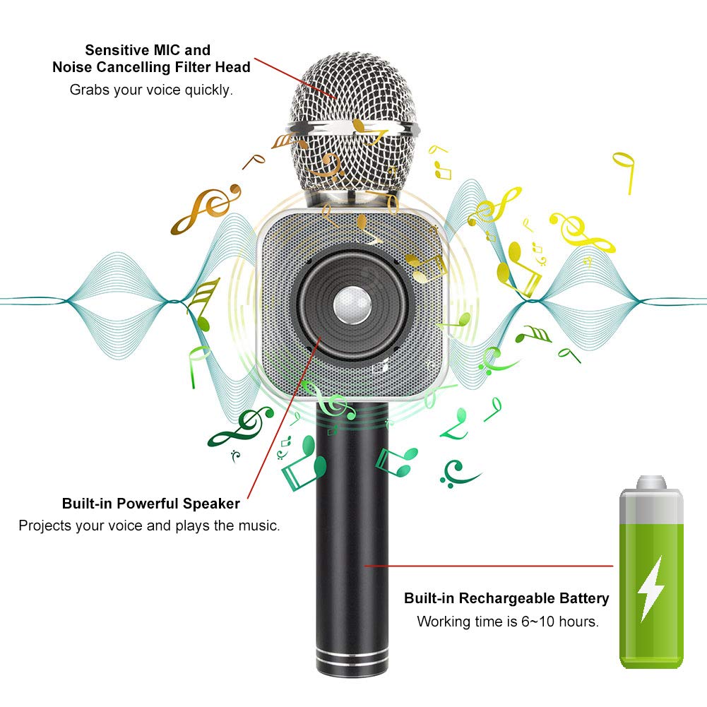 Shendong Pop Solo Wireless Bluetooth Karaoke Microphone with Built-in Speaker, Portable Handheld Karaoke Machine for Android Phone/iPhone/iPad/PC/ MP3/ MP4