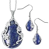 Jewelry Set for Women - Floral Gemstone Necklace & Earring Sets - Lapis Lazuli, Black Onyx & Dendritic Pendant Necklaces & Dangle Earrings - 20" Necklace Length Christmas Gifts for Women