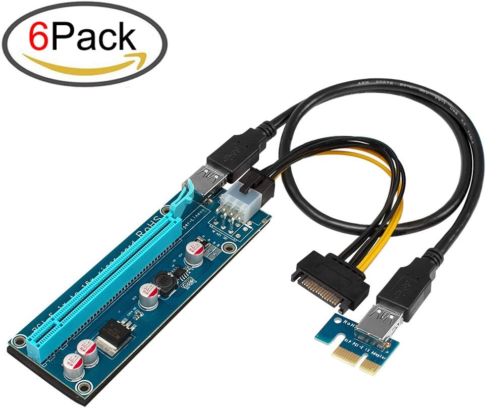 AresKo PCI Riser PCI-E 1x to 16x Powered Riser Adapter Card with 60cm USB 3.0 Extension Cable and 6-Pin PCI-E to 15 Pin SATA Power Cable - GPU Riser Adapter - Ethereum Mining ETH (6PCS)