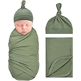 Dizila 2pcs Soft Stretchy Nursery Baby Girl Boy Newborn Receiving Swaddle Blanket with Matching Turban Hat Beanie (Army Green)
