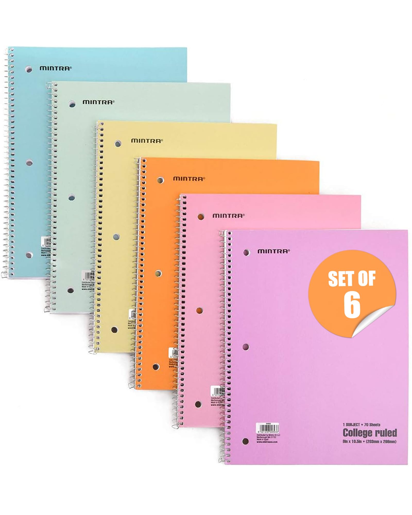 Mintra Office Spiral Notebooks - Pastel, College Ruled, 6 Pack, For School, Office, Business, Professional,70 Sheets