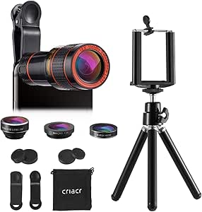 Phone Camera Lens, 12X Zoom Lens, Fisheye Lens, Macro Lens and Wide Angle (Attached Together), Phone Holder, Tripod, Telephoto Lens for Tik Tok, Yotube, Vlog, Video, Compatible with iPhone, Smartphone
