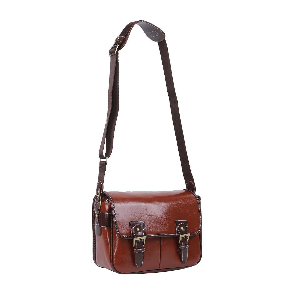 Beaspire Camára Bolsa Bandolera Impermeable de Cuero Sintético Mensajero Funda Protector para 1 DSLR Cámara con 2 Lentes para Canon Sony Nikon Olympus de Viajes (Marrón Oscuro)