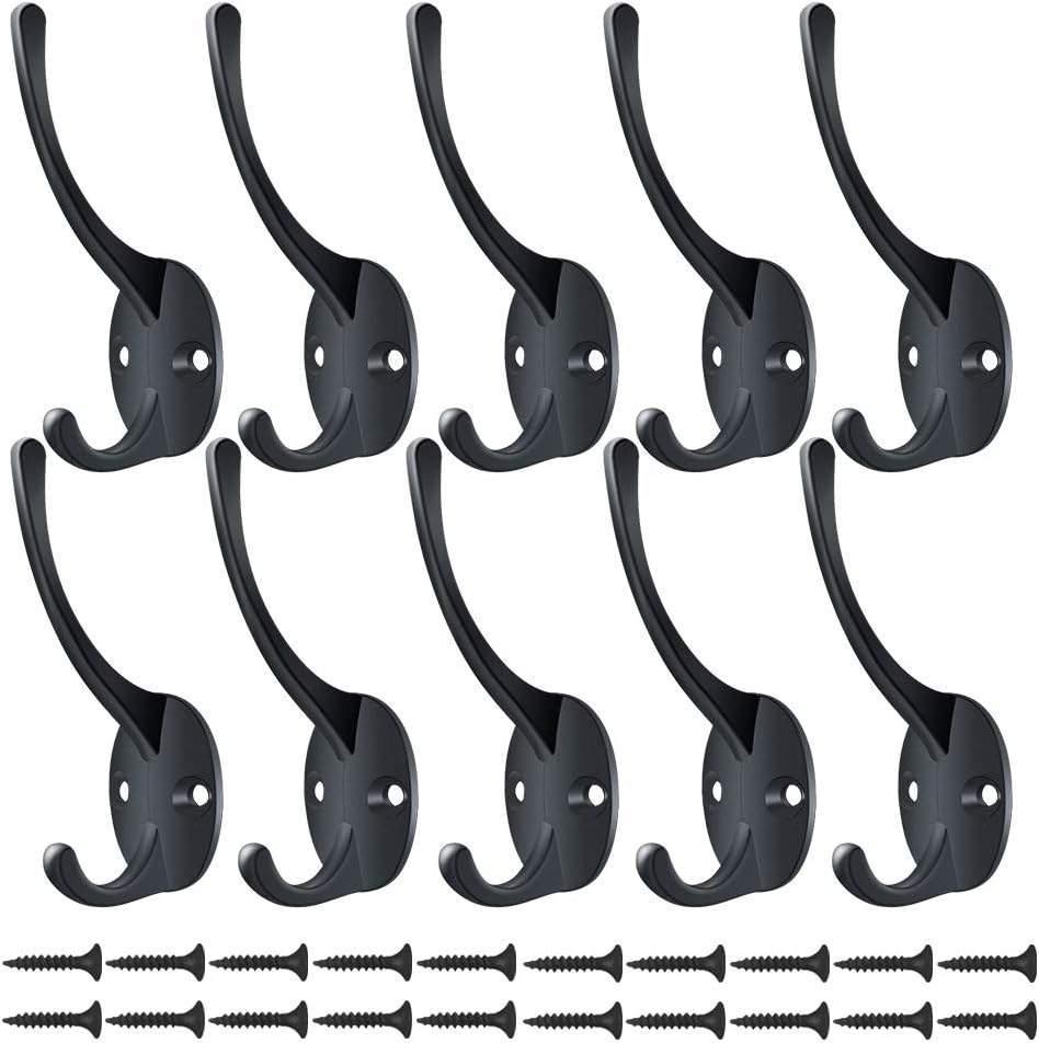 Kulannder 10Pcs Heavy Duty Double Coat Hooks Black Vintage Wall Mounted Hat
