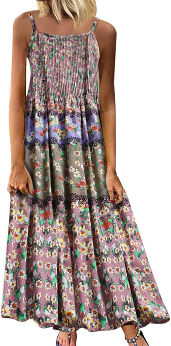 Kelry Womens Casual Loose Sleeveless Sundress O-Neck A-line Beach Summer Swing Tank Tunic Dress Plus Size Vintage Floral Printed Long Maxi Cotton Linen Dresses (S-5XL)