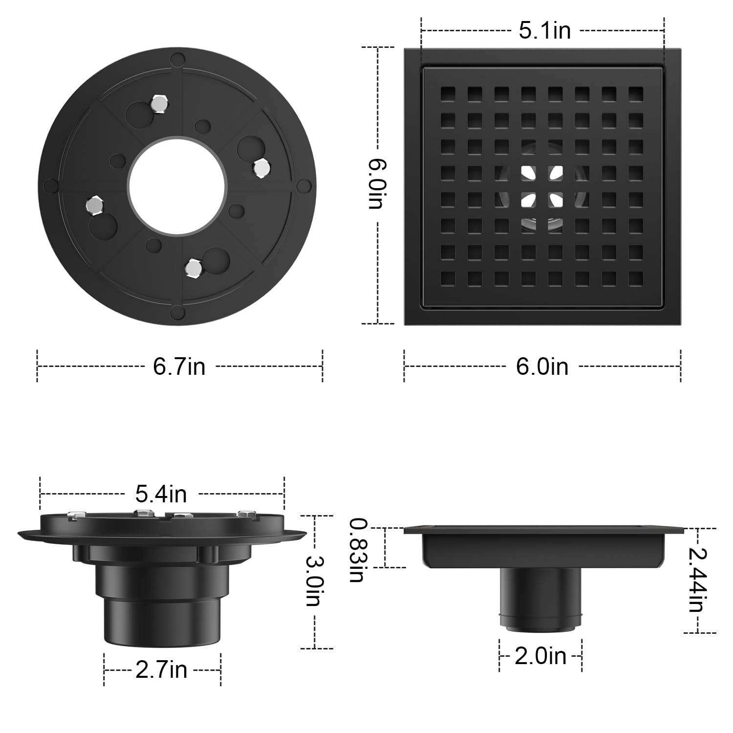 EXF Square Shower Drain 6 Inch Matte Black, Stainless Steel Shower Floor Drain Kit with ABS Flange, Removable Grid Grate, Hair Strainer, Not Fit for Bathtub