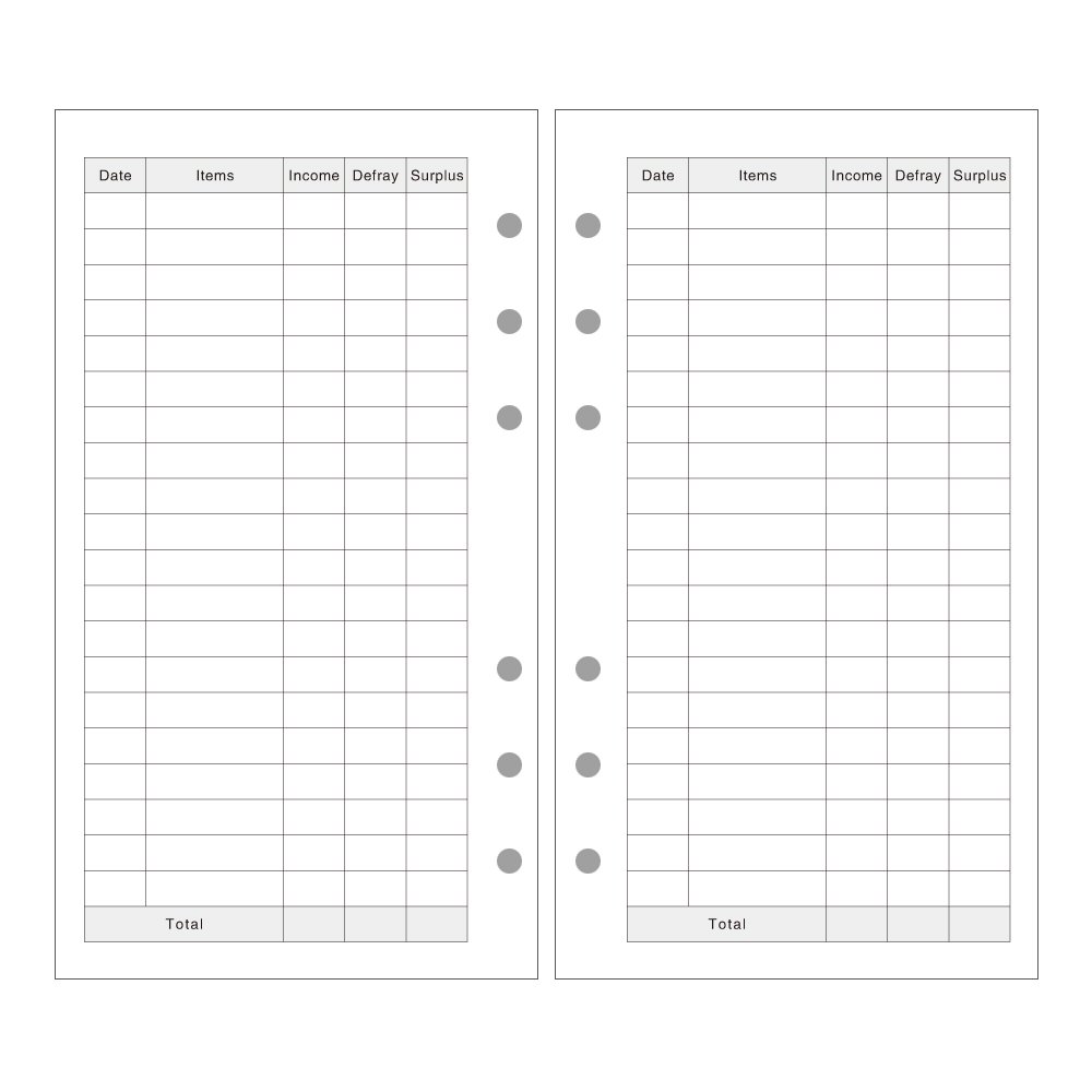 EvZ A6 Refill Expenses Paper, 6 Holes Ring Binder Filler for 7 Inches Refillable Journal Notebook Diary Organizer Planner Inserts, 80 Sheets / 160 Pages