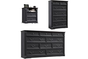 Harpaq Bedroom Sets 3 Pieces, 6/10 Drawer Dresser and 2 Drawer Nightstand with Open Shelf, Chest of Drawers Wide Storage Organizer Cabinet for Bedroom, Living Room, Black