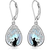 Cat Earrings Moonstone Filigree Earrings for Women Sterling Silver Teardrop Moonstone Black Cat Earring Dangle Cats Jewelry Cute Valentines Christmas Gifts