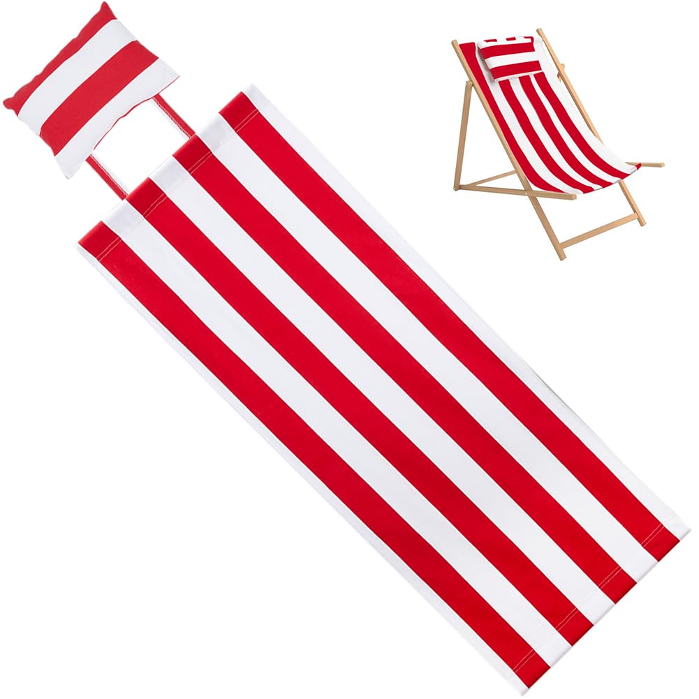 GORGECRAFT Replacement Beach Sling Chair Cloth with Pillow Folding Lounge Deck Chair Cloth 113x43cm Red White Stripes Sling Chairs Canvas for Patio Outdoor Sunbathing Garden Courtyard