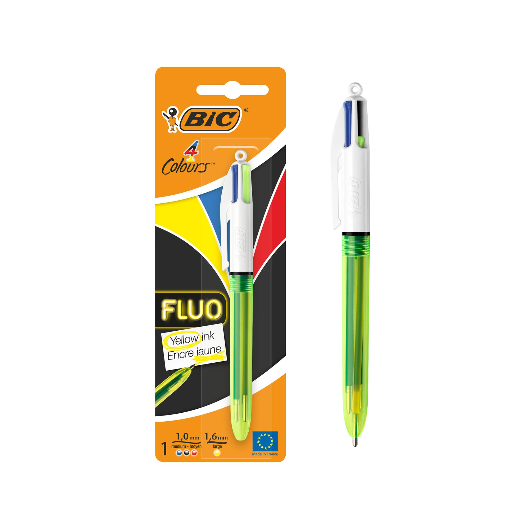BIC 4 Colours Fluo Ballpoint Pen Black, Blue, Red and Fluorescent Yellow Ink Colours 1 Pack