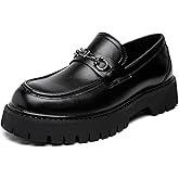XENTORD Men's Patent Leather Platform Loafers Comfort Non-Slip Lug Sole Slip-On Dress Shoes with Metal Horsebit Detail for Business Office &amp; Casual