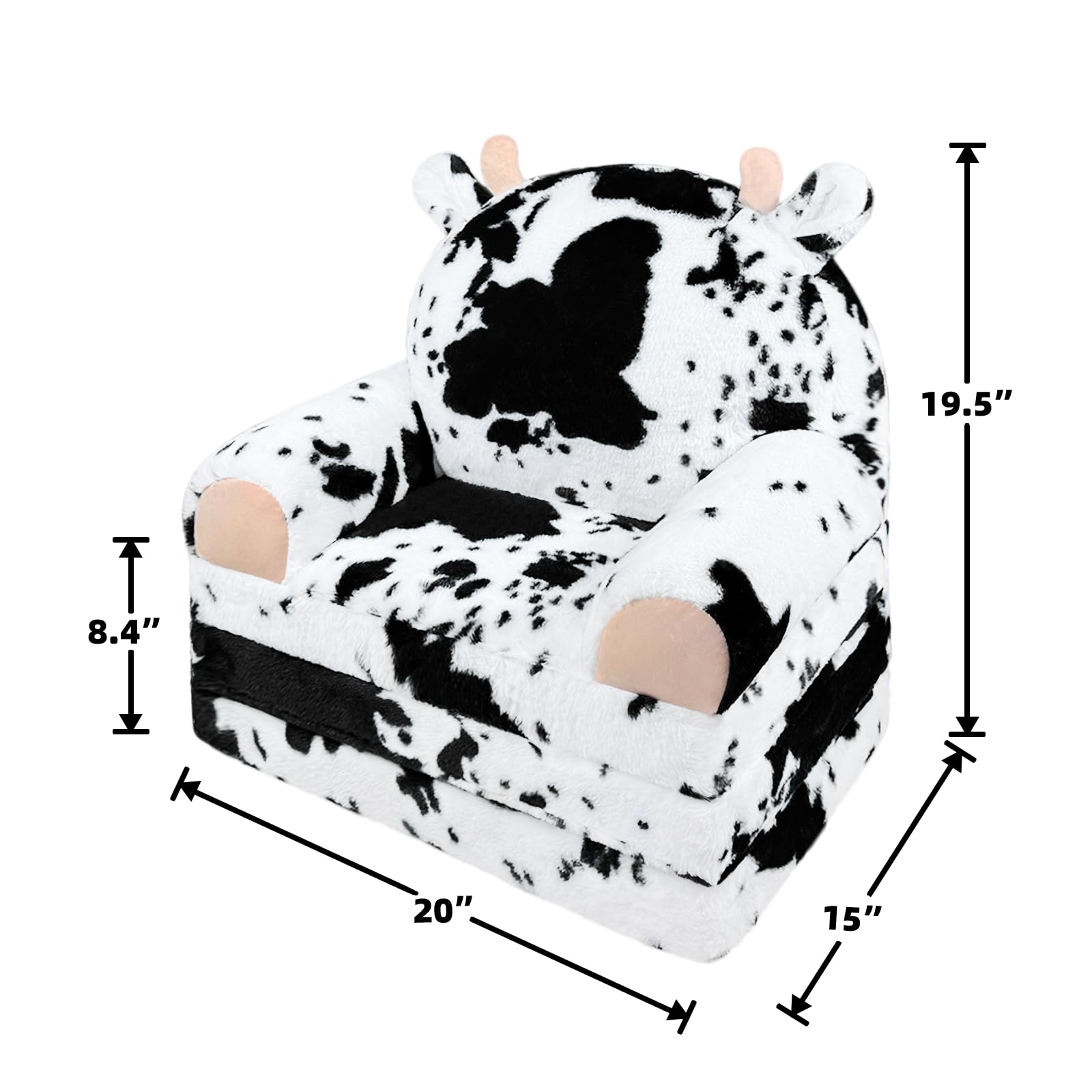 Toddler Chair Plush with Removable Cover, 2-in-1 Toddler Couch Fold Out, Cow Shell, Comfy Couch for Kids Over 18 Months, Kids Furniture for Bedroom, Playroom（Cow）