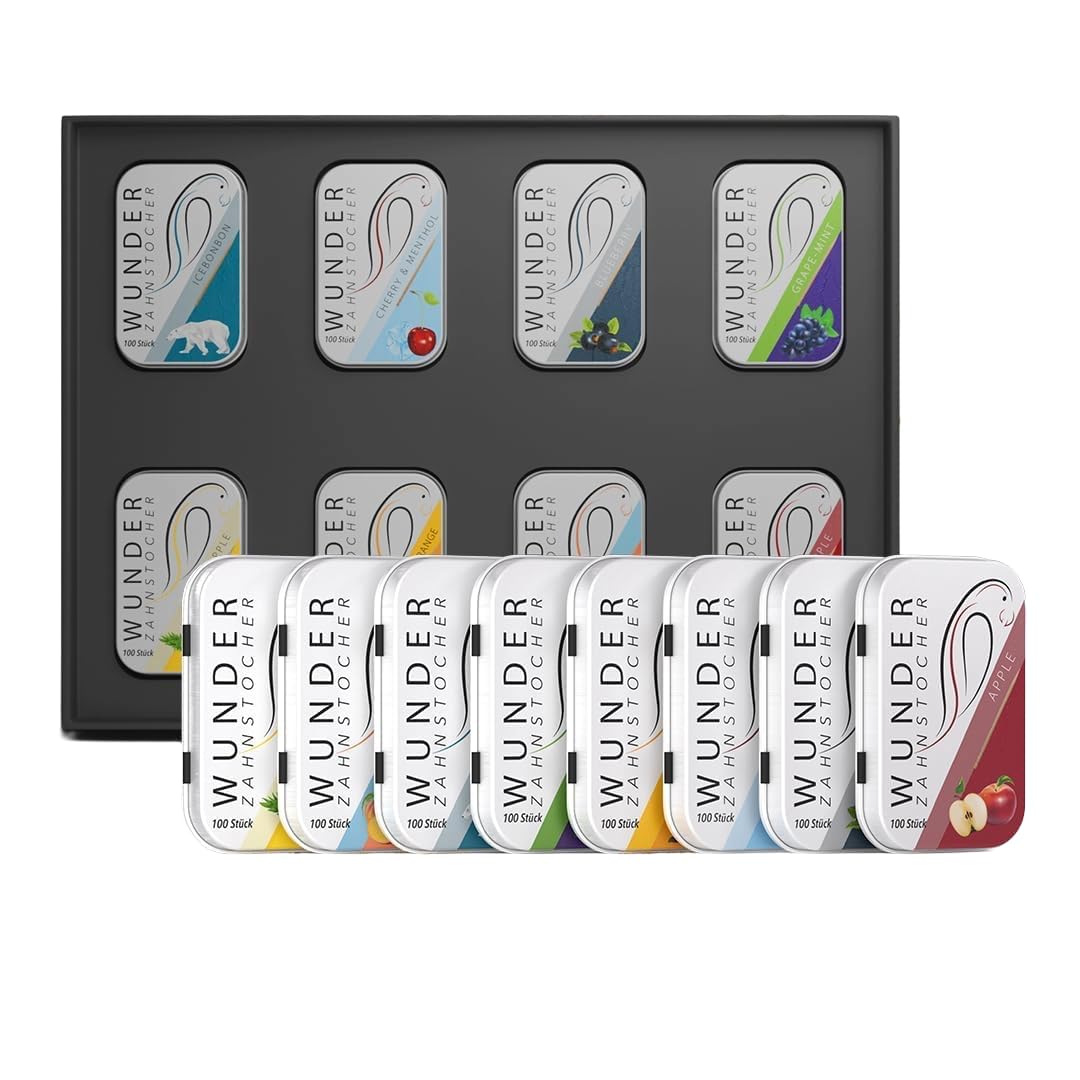 Wunder Flavoured Toothpicks All-in-One Box – Complete Set with Metal Tin, Refill Pack (30), Aluminium Cup, Leather Case, 80 Toothpicks & Ballpoint Pen – Fresh Breath Oral Care Set