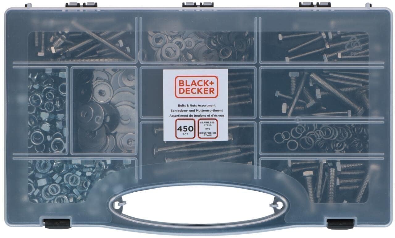 BLACK+DECKER Screws, Nuts, and Bolt Screws Assortment 450 Pieces - Set with Tool Box - Various Types/Sizes - Stainless Steel - Silver