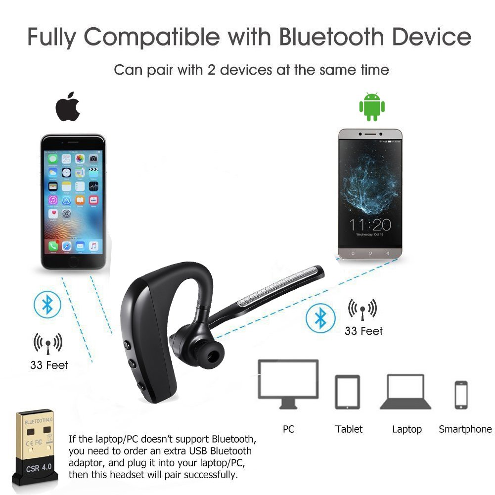 Bluetooth Headset, Handsfree Bluetooth 4.1 Headset Earphone for Business Trucker, Wireless Headphone Bluetooth Earpiece Compatible for iPhone Android Cellphone (Black-K10)
