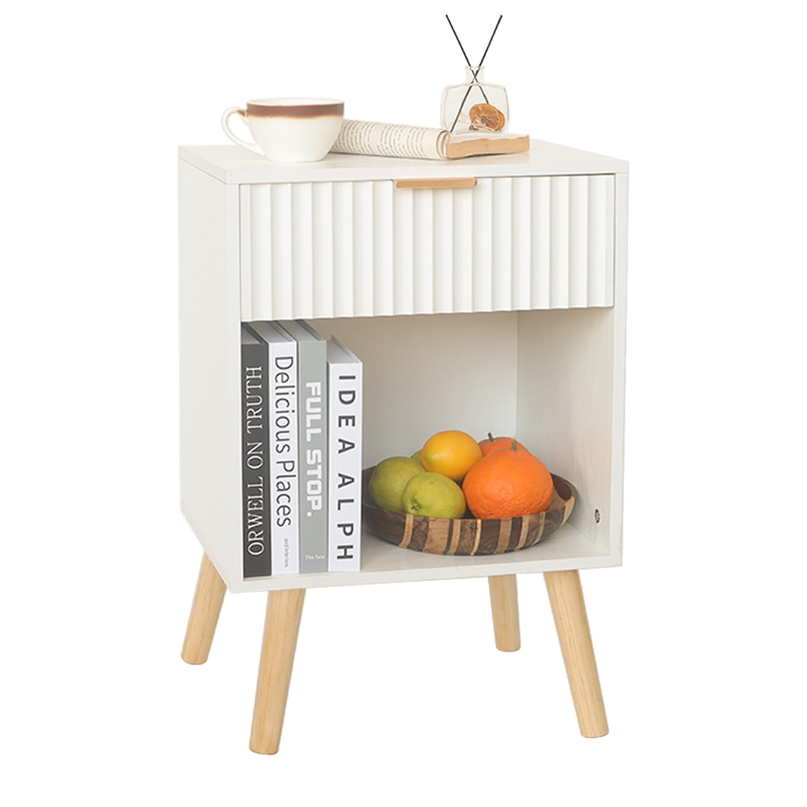 Photo 1 of Fultyle White Nightstand, Modern Bedside Table with Drawer and Opening Storage, Fluted End Side Table Living Room with Solid Wood Legs for Bedroom (White)