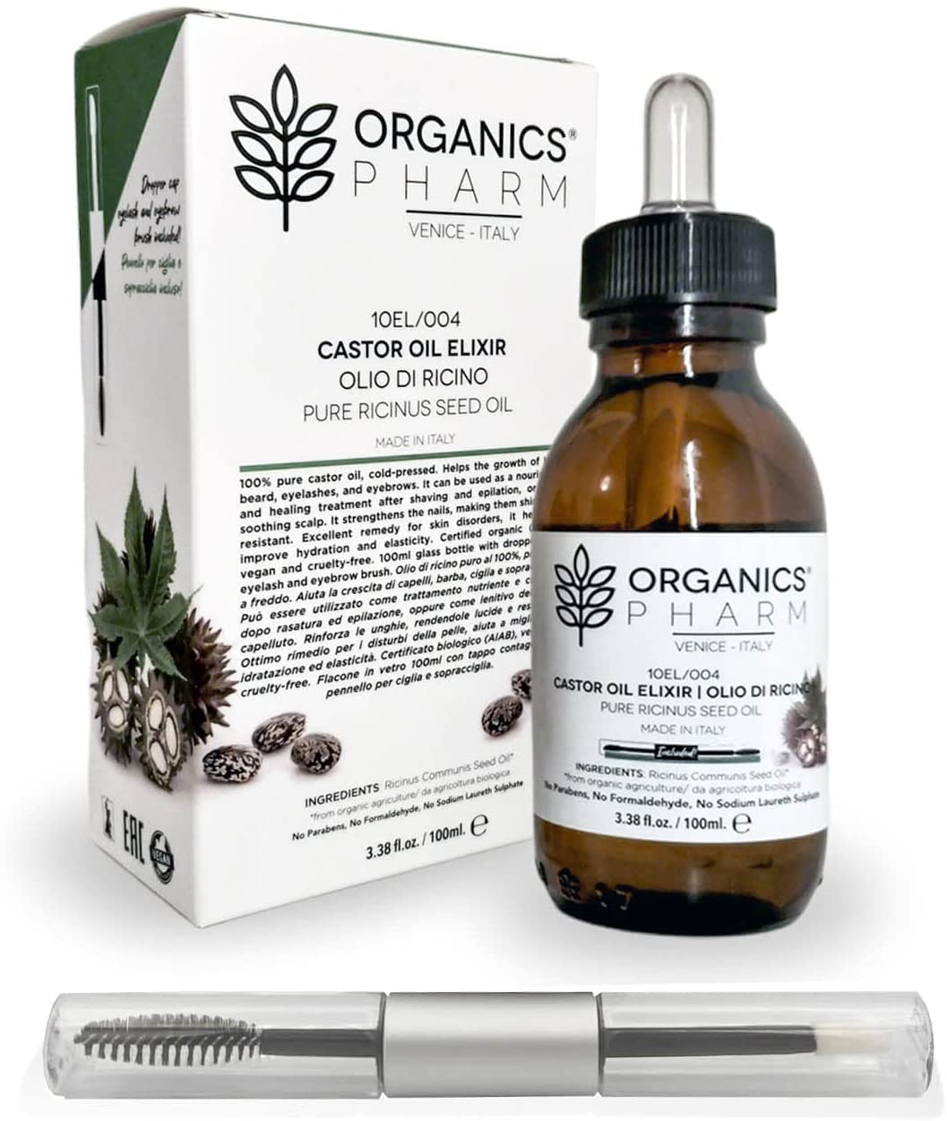 Castor Oil Elixir Organics Pharm Cold Pressed 100% Pure Organic 100 ml Bottle with Double Eyelash and Eyebrow Brush