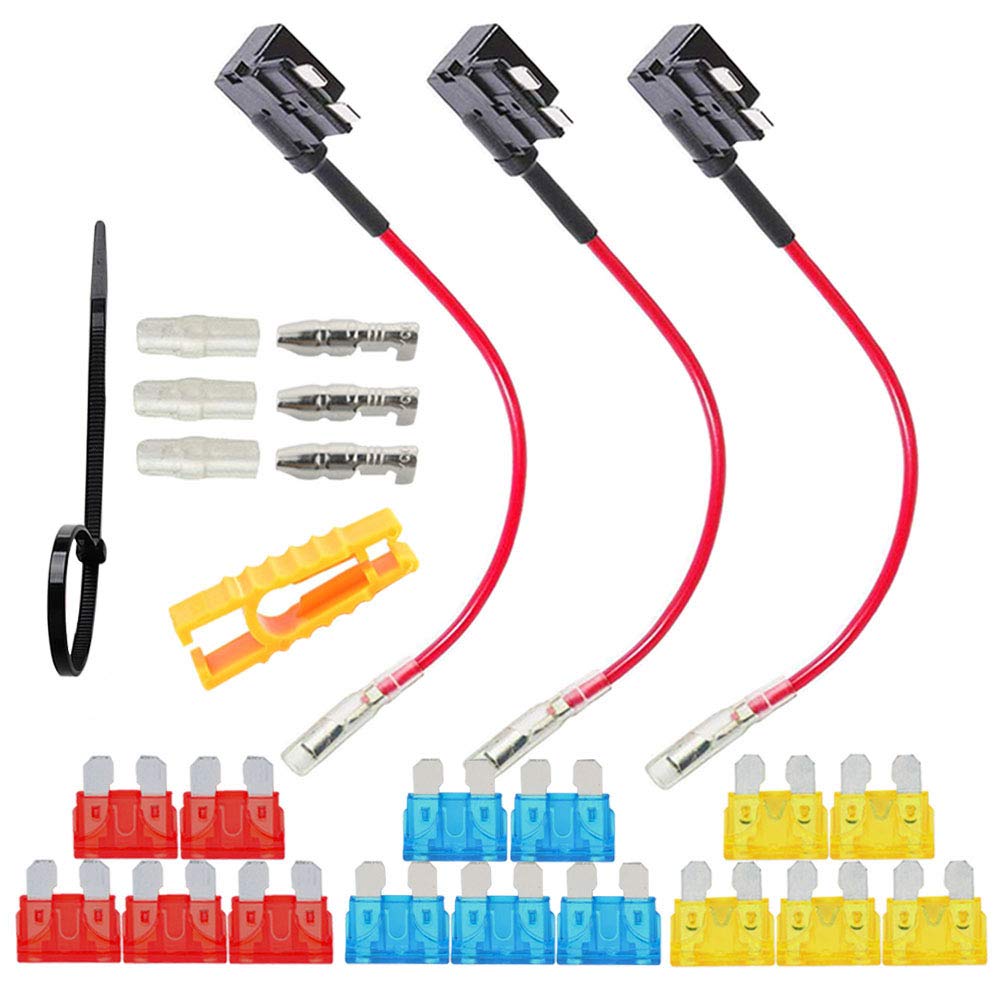 QitinDasen 3Pcs Premium ACU Medium Add-A-Circuit Fuse Tap, Piggy Back Blade Fuse Holder Kit with Wire Harness, Free 15Pcs Standard Blade Fuses, 1Pcs Fuse Puller, 5Pcs Wire Ties (12V / 24V)