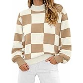 ATHMILE Womens Fashion Turtleneck Sweater Long Sleeve Plaid Ribbed Knit Loose Pullover Tops Trendy Office Outfits