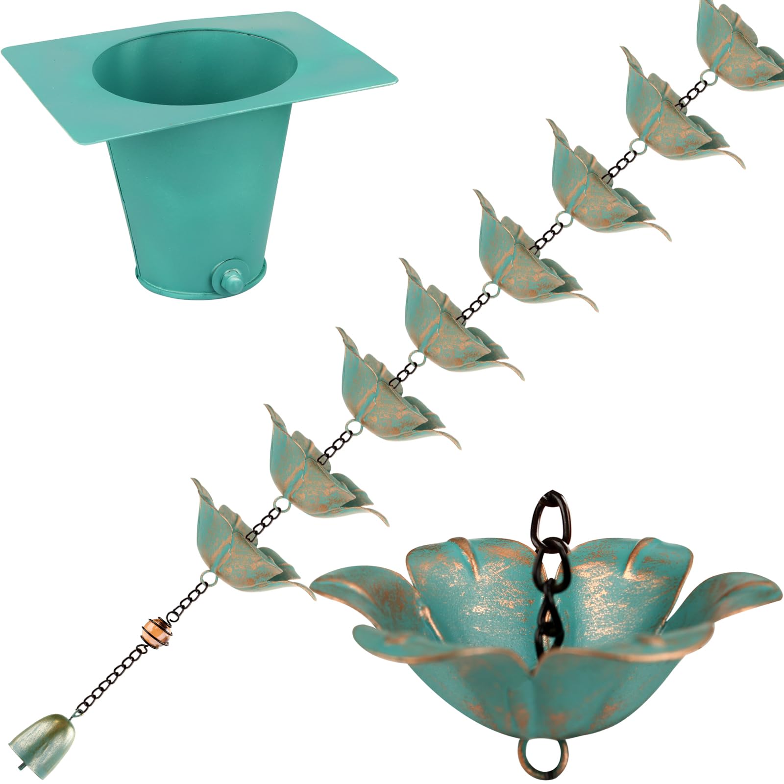 Photo 1 of Rain Chain with 1 Adapter,Wrought Iron Rain Chains for Gutters 9 FT Set,Rain Chains for Outside with Rain Chain 16 Cups Flowers and Decorative Bell (Blue)