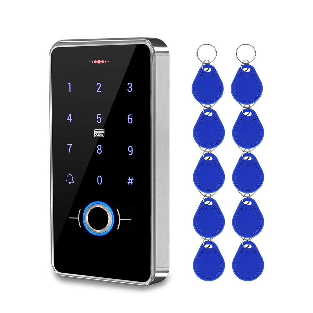 FTSTech Outdoor Fingerprint Touch Door Keypad,IP68 Waterproof, 13.56MHz IC Card Reader Keyboard,with 10pcs IC Blue Keyfobs