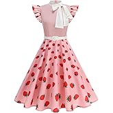 Women's 1950s Dress Flutter Sleeve Bowknot Belted Midi Swing Dress Audrey Hepburn Cocktail Dresses Tea Party Outfits Evening Rockabilly Clothes for Women Vestido Retro para Mujer Pink Strawberry S