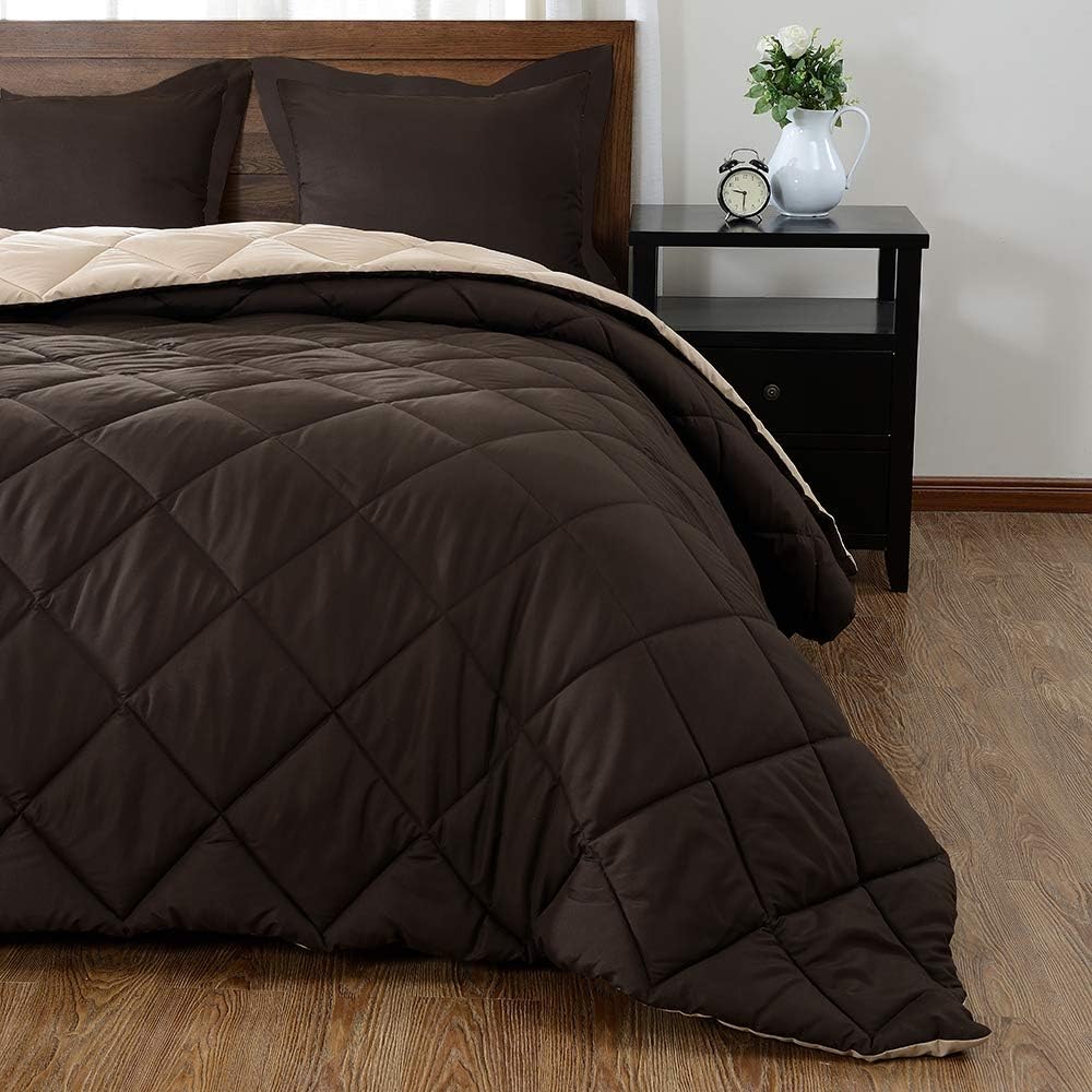 downluxe Lightweight Solid Comforter Set (Queen) with 2 Pillow Shams - 3-Piece Set - Brown and Tan - Down Alternative Reversible Comforter: Home & Kitchen