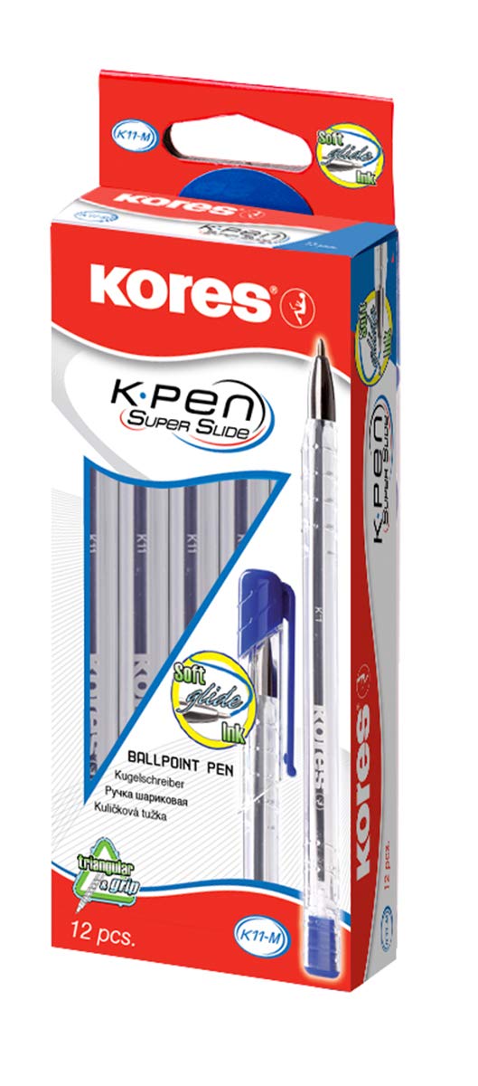 Kores - Blue Ballpoint Pens - K11, 1mm, Ergonomic Triangular Shape, Chrome Tip, Soft Glide Ink - Back to School Supplies, Crafts and Writing Pens, Pens Multipack - Pack of 12