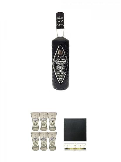 Antica Sambuca Lakritz Likör 0,7 Liter + Antica Shotglas 6 Stück + Schiefer Glasuntersetzer eckig ca. 9,5 cm Durchmesser