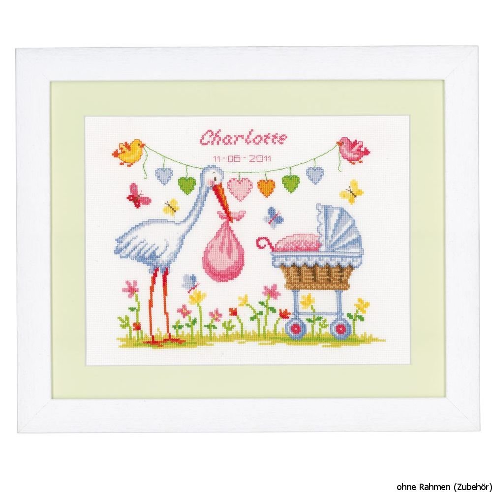 Vervaco Birth Record Stork and Pram Counted Cross Stitch Kit, Multi-Colour