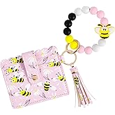 elephtree Wristlet Wallet Keychain,Beaded Silicone Bracelet PU Leather Card Holder Tassel Key Ring Bangle for Women Girls