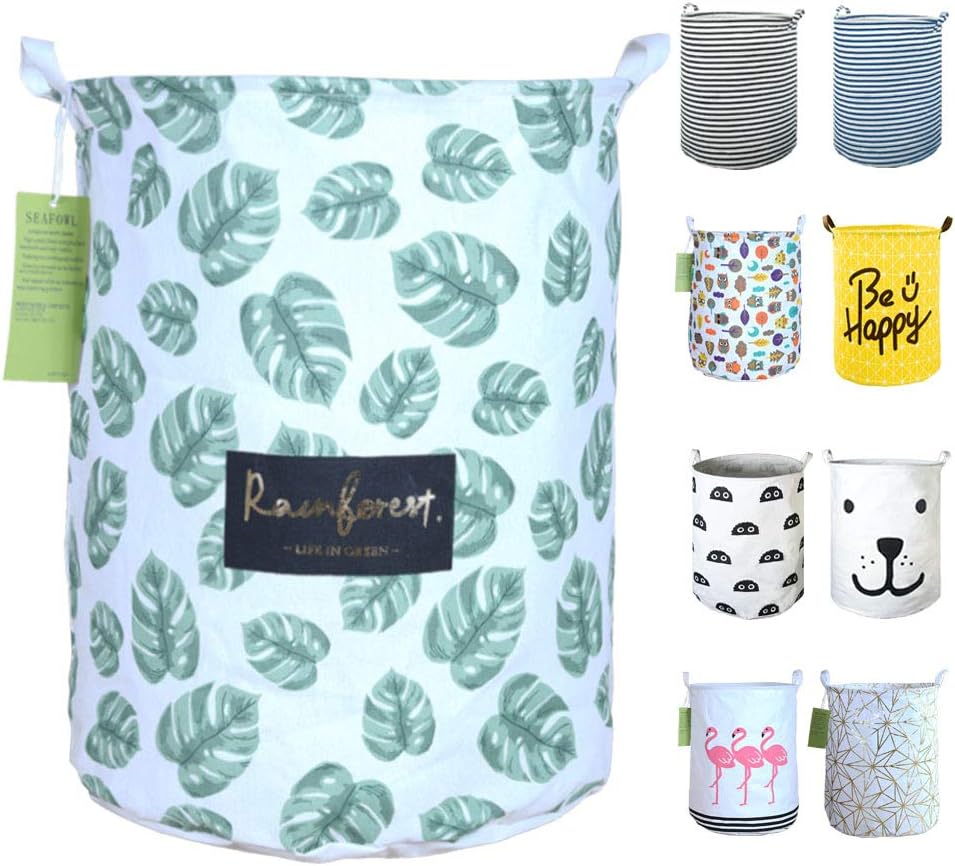SEAFOWL 19.7" Collapsible Laundry Basket,Round Canvas Waterproof Large Storage Basket. (Banana Leaf(White))