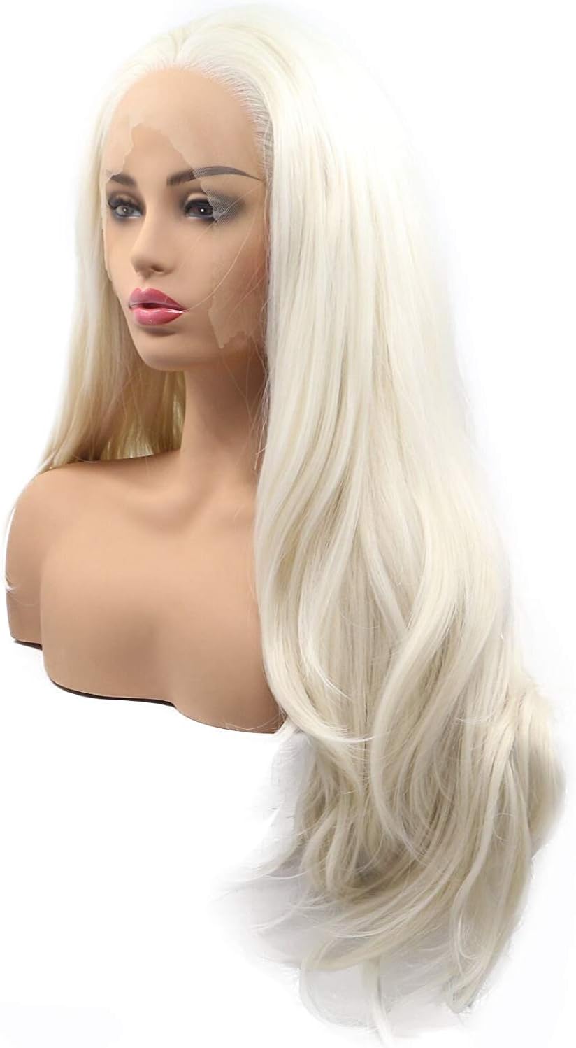 White Blonde Synthetic Lace Front Wigs for Women Long Wavy Realistic Natural Hairline Platinum Blonde Curly Synthetic Lace Front Wig Glueless Heat Resistant Fiber Hair - Image 4