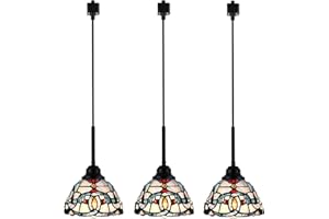 VINLUZ Vintage Black Pendant Lighting,Tiffany Style 3-Pack Track Hanging Light Fixtures with Stained Glass Shade Chandeliers Ceiling Island Light Fixtures Dining Room Bedroom