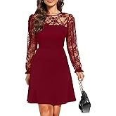 Holipick Women's Cocktail Dresses Wedding Guest Party Crew Neck Short A Line Dress with Lace Sleeves