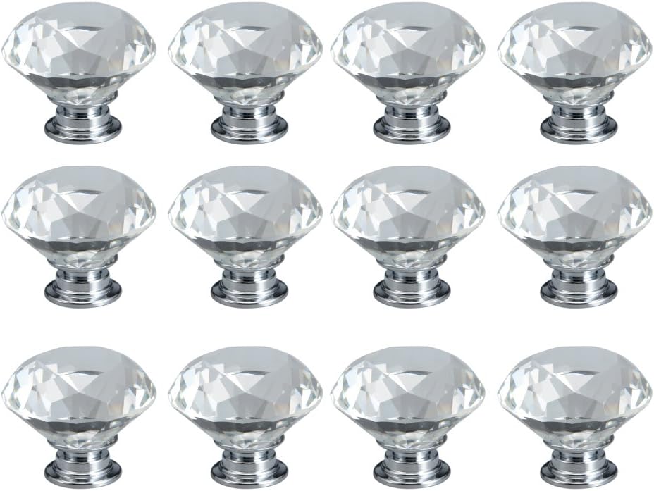INVIKTUS 12pcs Diamond Shape Crystal Glass 40mm Drawer Knob Pull Handle Usd for Caebinet, Drawer