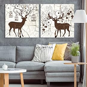 2 Panel Square Canvas Wall Art - Bohemian Deer Wood Effect Canvas - Giclee Print Gallery Wrap Modern Home Art Ready to Hang - 12"x12" x 2 Panels