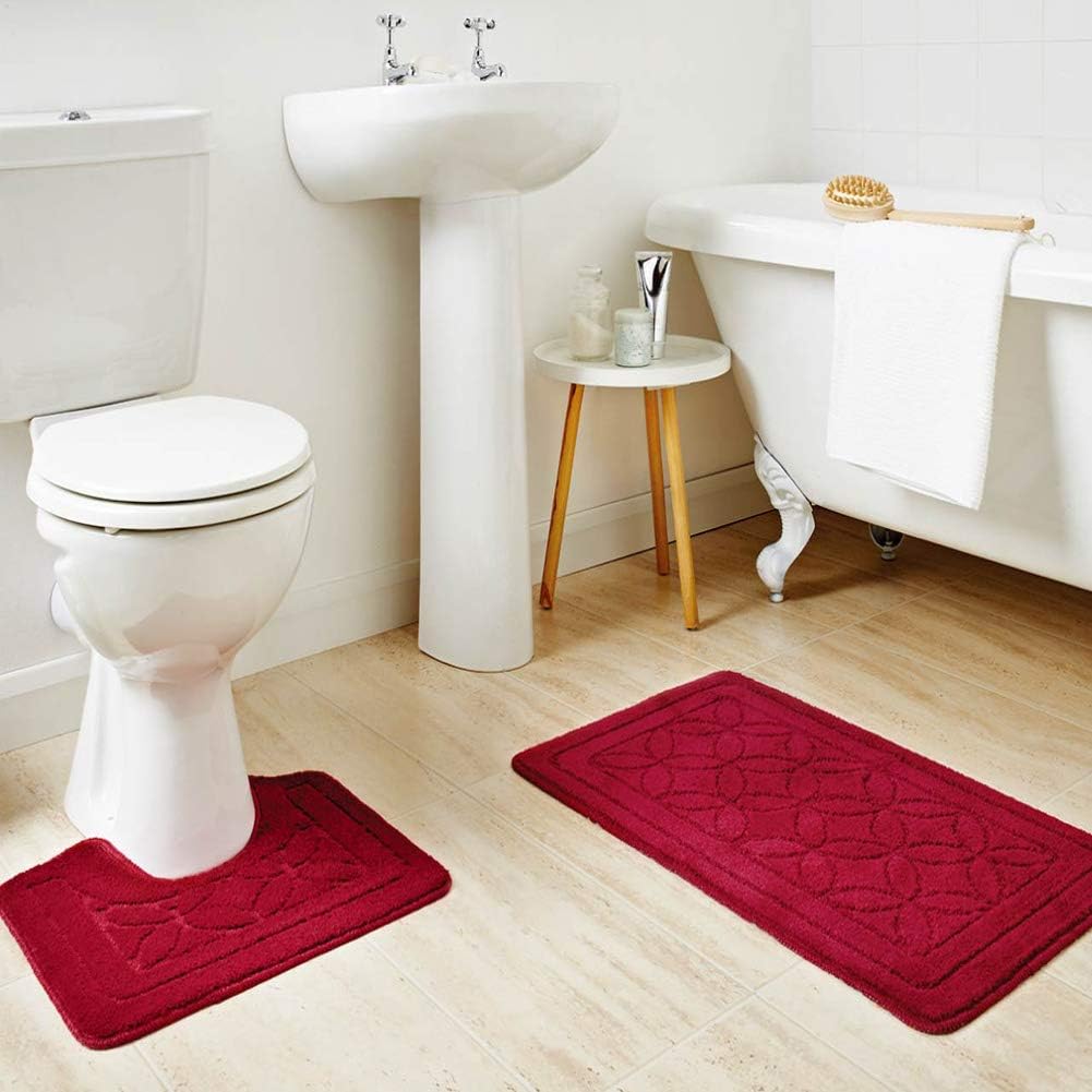 Amazon Com Homever Bath Mats Rugs Set 2 Piece Burgundy Bathroom Mats For Toilet Machine Washable Bathroom Rug With Fashion Pattern Non Slip Latex Backing Powder Room Mat With Dark Red Coutour Rug